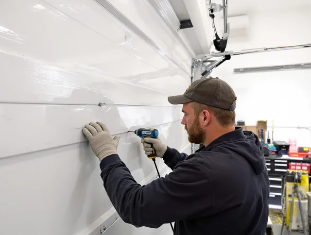 Gardena Garage Door Repair technician demonstrating precision dent removal techniques on a Gardena garage door