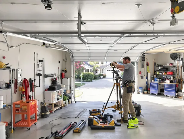 Gardena Garage Door Repair specialist performing laser-guided track alignment in Gardena